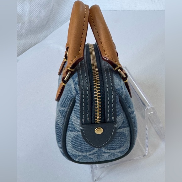 Coach Denim Blue Mini Bag Charm/Key chain  with Tan Leather handles NWT - Picture 3 of 9